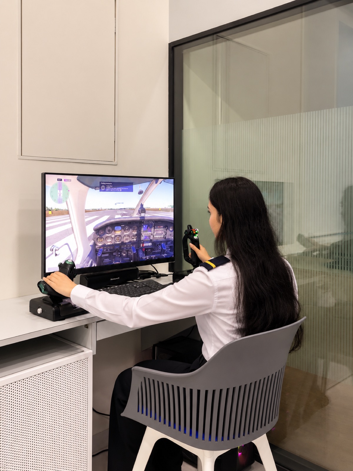 Cadet flying a fixed-base flight simulator with yoke and throttle at ThePilot.in