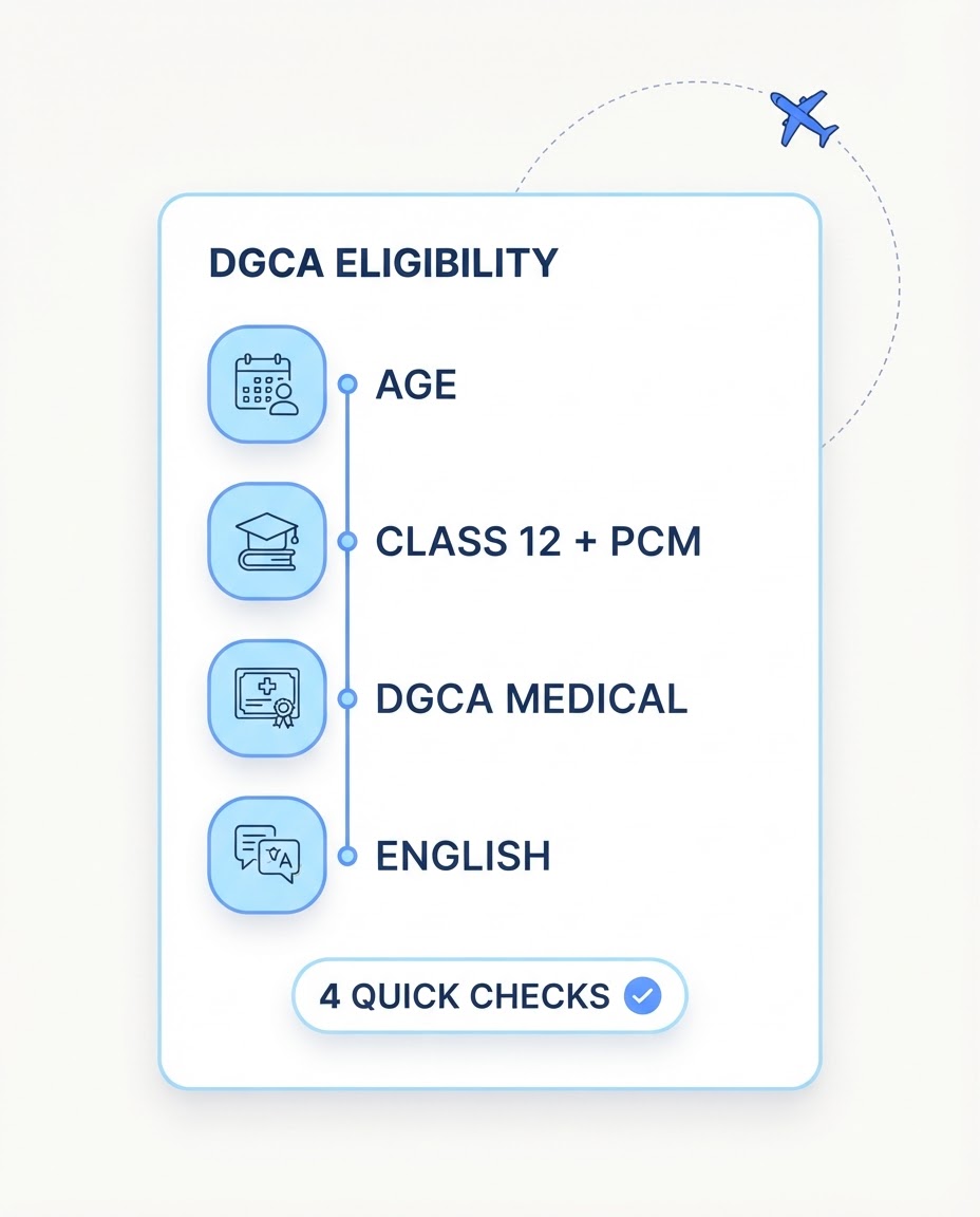 DGCA eligibility checklist: age, Class 12 with Physics and Maths, DGCA medical and English — four quick checks