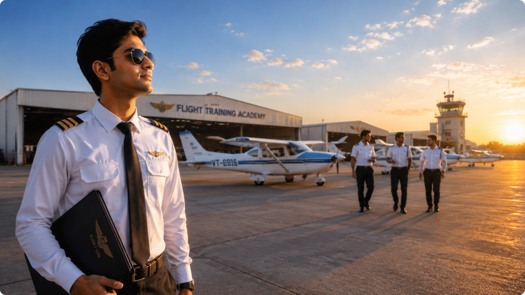 Trainer aircraft lined up at an Indian flying school for pilot training in India